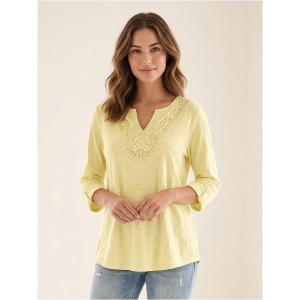Coldwater Creek Cotton Pale Yellow Crochet Crocheted V-Neck Tunic Top SZ L